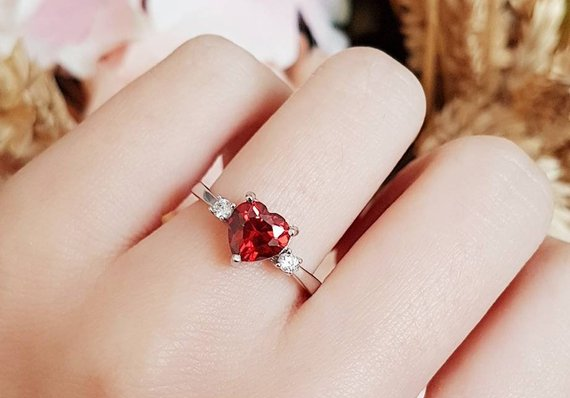 1.5ct Heart Cut Red Garnet Engagement Ring 14k White Gold Over Trilogy Solitaire