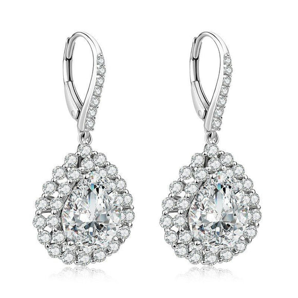 2ct Pear Cut VVS1D Diamond Double Halo Drop Earrings 14k White Gold Finish