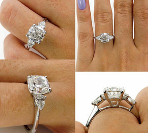 4Ct Cushion Cut Diamond Trilogy Engagement Ring 14K White Gold Over Pear Accents