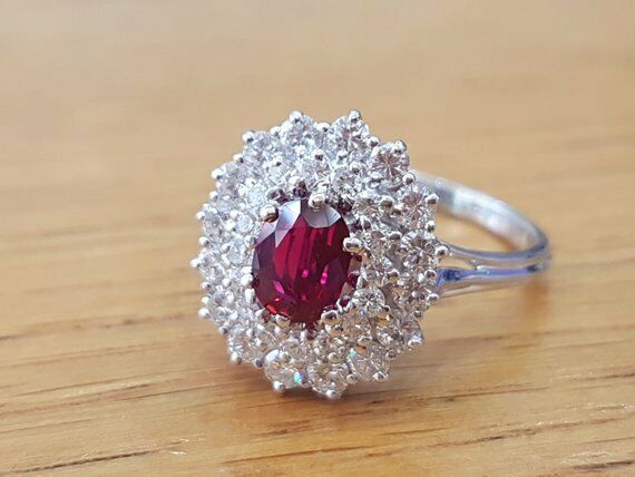 3Ct Oval Cut Pink Ruby Dual Floral Halo Engagement Ring 14K White Gold Finish