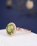 2ct Oval Cut Green Peridot Engagement Ring Halo Diamond Accent 14k RoseGold Over