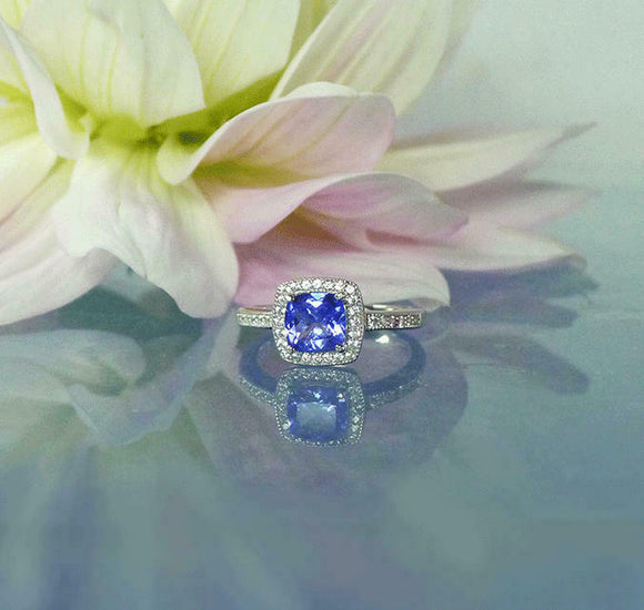 1.5ct Cushion Cut Blue Tanzanite Engagement Ring 14k White Gold Finish Halo