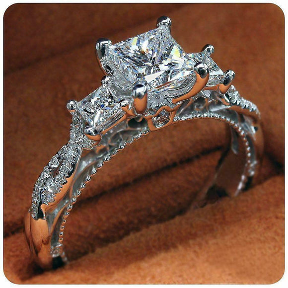 4Ct Princess Cut Diamond Vintage Solitaire Halo Queens Ring 14K White Gold Over