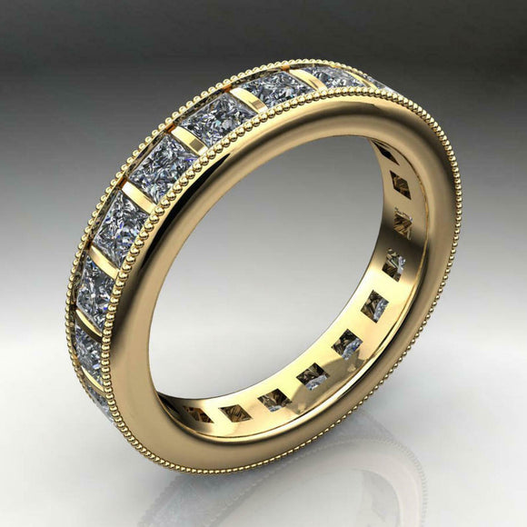 Milgrain Full Eternity Wedding Band 3.6ct Princess Diamond 14k Yellow Gold Over