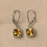 2.5ct Drop Earrings Cushion Cut Yellow Citrine Diamond Halo 14k WhiteGold Finish