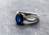 1.6ct Engagement Ring Oval Cut Blue Sapphire Split Shank 14k White Gold Finish