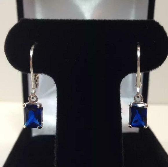 2ct Drop Earrings Radiant Cut Sapphire Solitaire LeverBack 14k White Gold Finish