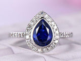 1.9ct Pear Cut Blue Sapphire Engagement Ring Diamond Halo 14k White Gold Finish