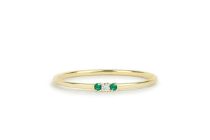 Green Emerald Trilogy Minimalist Ring 0.2ct Round Diamond 14k Yellow Gold Finish