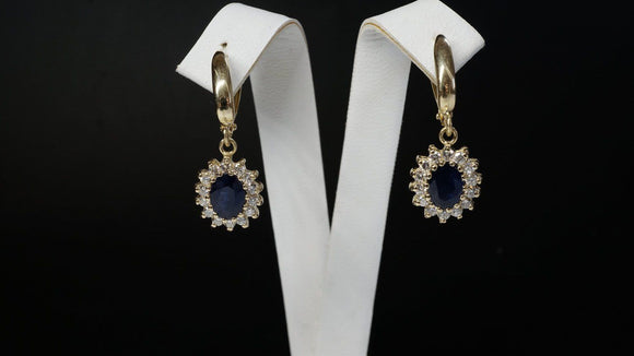 1ct Oval Blue Sapphire Halo Cluster Vintage Drop Earrings 14k Yellow Gold Finish