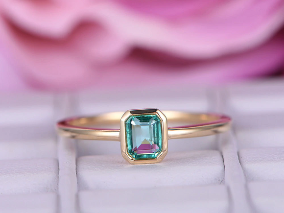 1ct Green Emerald Cut Engagement Ring Bezel Set Solitaire 18k Yellow Gold Finish