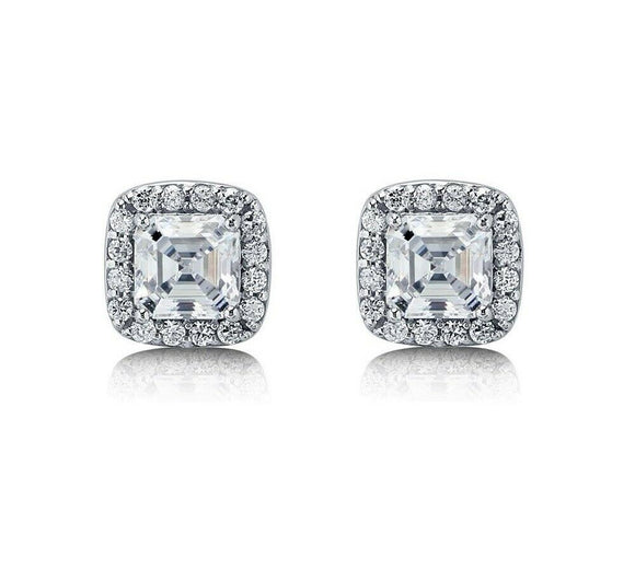 2Ct Asscher Cut Diamond Halo Trendy Solitaire Stud Earring 14K White Gold Finish