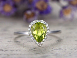 1.5ct Pear Cut Green Peridot Diamond Halo Solitaire Ring 14k White Gold Finish