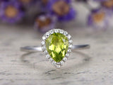 1.5ct Pear Cut Green Peridot Diamond Halo Solitaire Ring 14k White Gold Finish