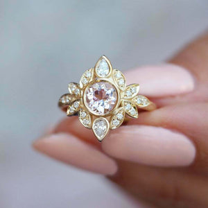 2.25ct Round Cut Morganite Engagement Ring Floral Art Deco 14k YellowGold Finish