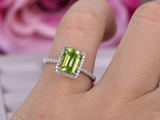 2.3ct Emerald Cut Green Peridot Halo Diamond Accents Ring 14k White Gold Finish