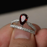 1.5ct Pear Cut Red Garnet Crown Design Engagement Ring 18k White Gold Finish