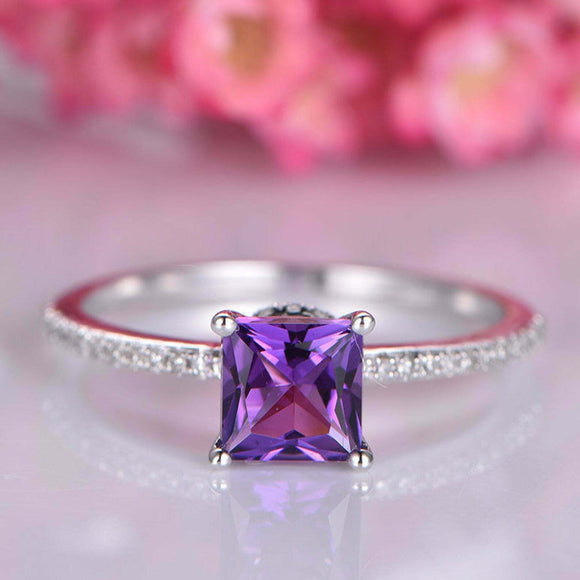 1.5ct Princess Purple Amethyst Engagement Ring Round Accents 14k White Gold Over