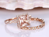 2ct Princess Peach Morganite Halo Bridal Set Engagement Ring 14k RoseGold Finish