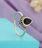 1.2ct Pear Cut Black Diamond Crown Halo Minimalist Ring 14k Yellow Gold Finish