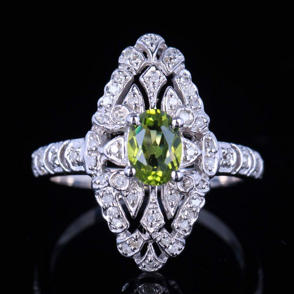 2ct Oval Cut Green Peridot Antique Vintage Engagement Ring 14k White Gold Finish