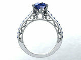 1ct Round Cut Blue Sapphire Milgrain Vintage Engagement Ring 14k White Gold Over