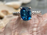 2.5ct Cushion Cut London Blue Topaz Braided Solitaire Ring 14k White Gold Finish