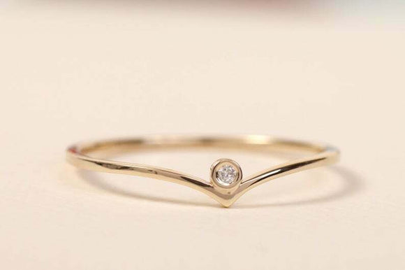 Dainty Minimalist Engagement Ring 0.09ct Round Cut Diamond 14k YellowGold Finish