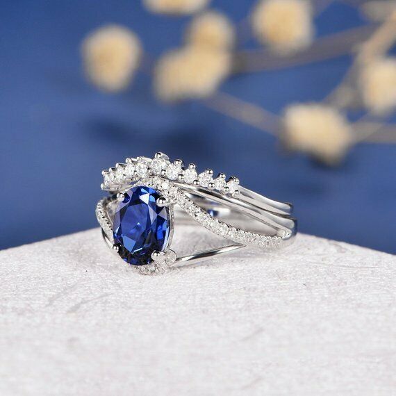 2ct Oval Cut Blue Sapphire Engagement Ring 14k WhiteGold Finish Split Bridal Set