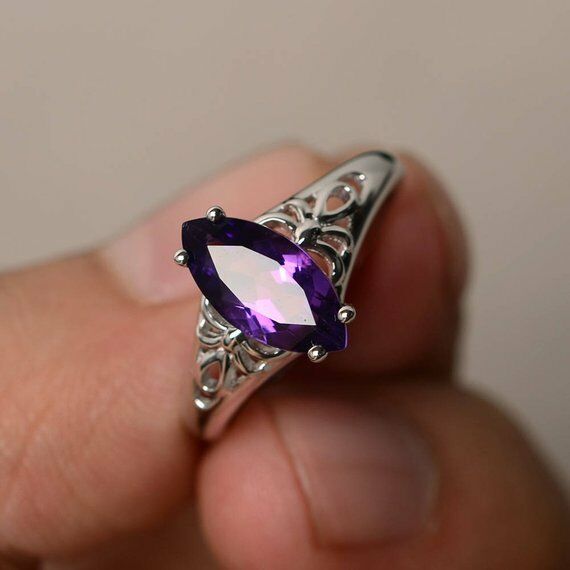 0.5ct Marquise Cut Purple Amethyst Filigree Engagement Ring 14k WhiteGold Finish