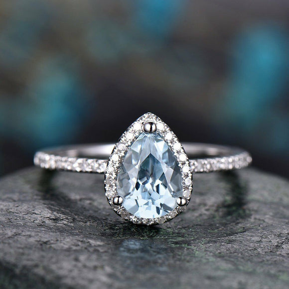 1.7Ct Pear Blue Aquamarine Halo Solitaire Engagement Ring 14K White Gold Finish