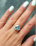 1ct Engagement Ring Asscher Blue Aquamarine Solitaire Curved 14k White Gold Over