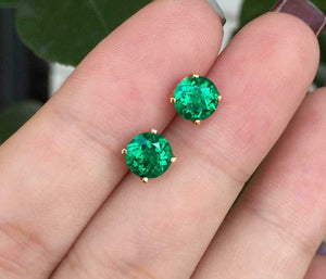 1.2ct Stud Earrings Round Cut Green Emerald Solitaire 14k Yellow Gold Finish