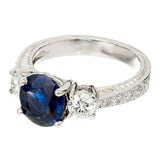 2.4ct Round Cut Blue Sapphire Engagement Ring Vintage Trilogy 14k WhiteGold Over