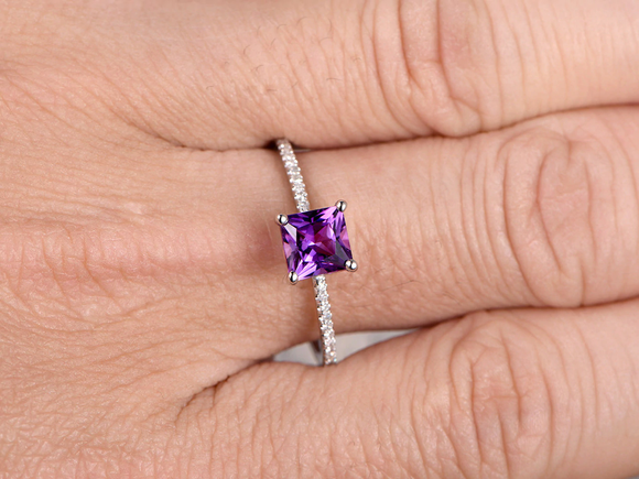 1ct Princess Purple Amethyst Engagement Ring Diamond Accents 14k White Gold Over