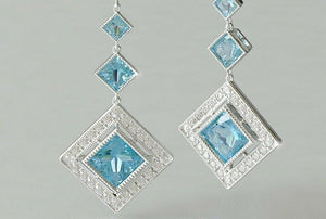 3ct Princess Blue Aquamarine Antique Art Deco Drop Earrings 14k White Gold Over