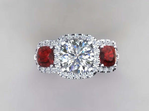 3ct Round Cut Diamond Red Garnet Accents Halo Trilogy Ring 14k White Gold Finish