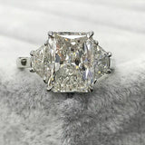 3Ct Radiant Cut Diamond Three Stone Ring 14K White Gold Finish Trapezoid Accents