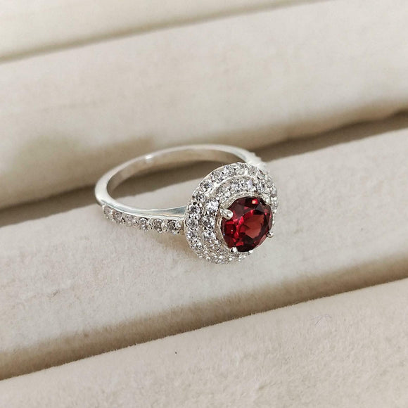 1.7ct Engagement Ring Round Cut Red Garnet Dual Halo 14k White Gold Finish