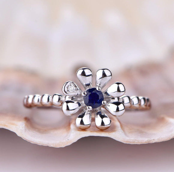 0.5ct Round Cut Blue Sapphire Vintage Floral Engagement Ring 14k White Gold Over