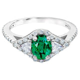 2ct Oval Cut Green Emerald Trillion Accents Trilogy Ring 14k White Gold Finish