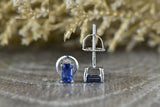 0.6ct Emerald Cut Blue Sapphire Screw Back Stud Earrings 14k White Gold Finish