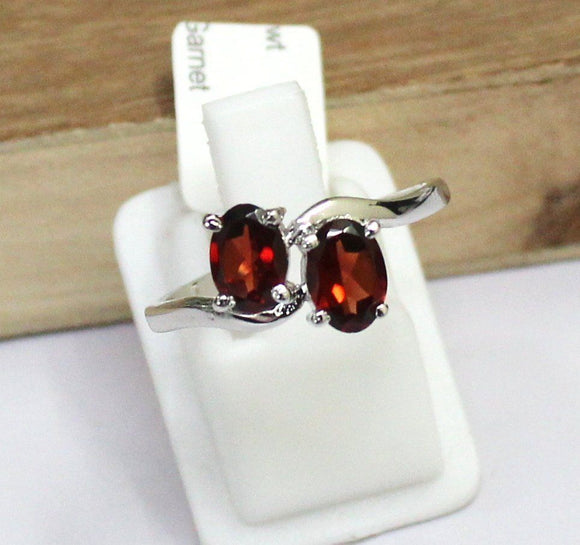 2ct Oval Cut Red Garnet Two Stone ByPass Engagement Ring 14k White Gold Finish