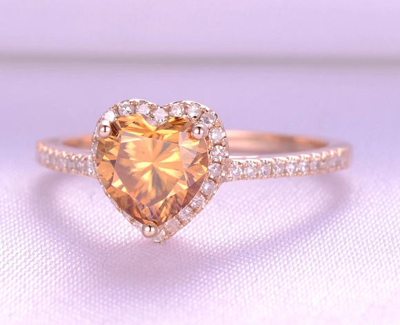 2ct Heart Cut Yellow Citrine Engagement Ring Halo Diamond 14k Rose Gold Finish