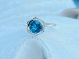 1.7ct Round Cut London Blue Topaz Hexagon Solitaire Ring 14k White Gold Finish