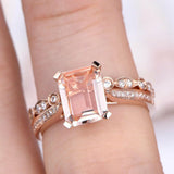 2ct Emerald Cut Peach Morganite Bridal Set Engagement Ring 14k Rose Gold Finish