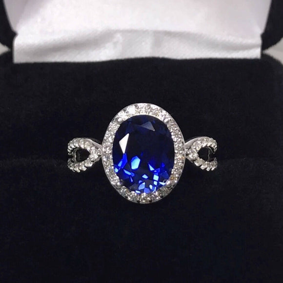 2ct Oval Cut Blue Sapphire Halo Split Band Engagement Ring 14k White Gold Finish