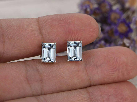 1Ct Emerald Cut Blue Aquamarine Solitaire Stud Women Earring 18K White Gold Over