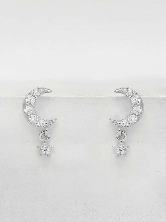 1ct Stud Earrings Round Cut Diamond Moon Crescent 14k White Gold Finish