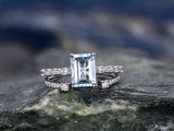 2.1Ct Emerald Cut Blue Aquamarine Bridal Set Engagement Ring 18K White Gold Over